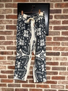 Anthropologie Black & Cream Printed Wide-Leg Drawstring Pants